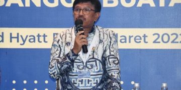 Menteri Komunikasi dan Informatika Johnny G Plate dalam konferensi pers hibrida "Aksi Afirmasi Bangga Buatan Indonesia 2022" dari Grand Hyatt Hotel, Nusa Dua, Bali, Jumat (25/3/2022). (ANTARA/Kominfo)