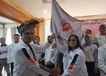 Ketua DPW BNKAB Kepri, Cholderia Sitinjak saat menerima Bendera, foto : Mael/detak.media