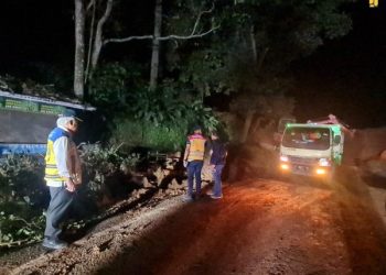 Menteri PUPR Basuki Hadimuljono meninjau lokasi longsor akibat gempa di Kecamatan Cugenang, Cianjur, Jabar, Senin (21/11/2022) malam. (Foto: Humas Kementerian PUPR)