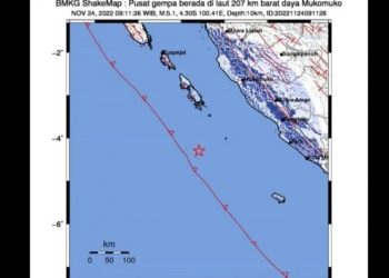 Tangkapan layar peta guncangan gempa bermagnitudo 5,1 di wilayah Kepulauan Mentawai, Sumatera Barat, Kamis (24/11/2022) pukul 09.11 WIB. (ANTARA/HO-BMKG)