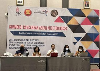 Pengantar laporan rancangan ASEAN MICE Toolboxes yang disampaikan oleh Tim Penyusun dan Tim Reviewer dalam acara Konvensi Nasional ASEAN MICE Toolboxes di Hotel Harris Vertu Harmoni, Jakarta, Senin (5/12/2022). ANTARA/M. Baqir Idrus Alatas.