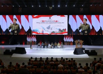 Presiden Jokowi membuka Pembukaan Rakornas Kepala Daerah dan Forkopimda se-Indonesia Tahun 2023, di Sentul International Convention Centre (SICC), Sentul, Jawa Barat, Selasa (17/01/2023). (Foto: Humas Setkab/Oji)