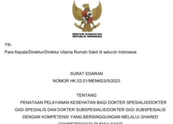 Tangkapan layar - Surat Edaran Nomor HK.02.01/MENKES/5/2023 tentang Penataan Pelayanan Kesehatan Bagi Dokter Spesialis/Dokter Gigi Spesialis dan Dokter Subspesialis/Dokter Gigi Subspesialis Dengan Kompetensi yang Bersinggungan Melalui Shared Competency di Rumah Sakit. (ANTARA/HO-Kemenkes).