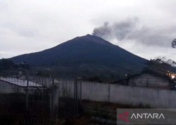 Gunung Kerinci Jambi mengalami erupsi dan mengeluarkan abu tebal setinggi 600 meter, Kamis (12/1/2023). ANTARA/HO-Magma/am.