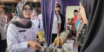 Bupati Blitar Rini Syarifah saat kunjungi salah satu lapak UMKM pada program OVOP di dua Desa Pakisrejo dan Desa Krajan, foto: Dani ES/detak.media