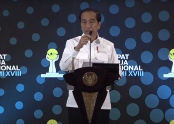 Presiden Jokowi pada Peresmian Pembukaan Rakernas XVIII HIPMI Tahun 2023, di Nusantara Hall ICE BSD City, Kabupaten Tangerang, Banten, Kamis (31/08/2023). (Sumber: Tangkapan Layar)