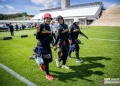 Tim panahan putri Indonesia dari kiri; Diananda Choirunisa, Alpriani Eka Setiowati, dan Anindya Nayla Putri membuat kejutan dengan menumbangkan juara bertahan Korea Selatan di babak delapan besar kejuaraan Hyundai World Archery Championships 2023, Berlin, Jerman, Kamis (03/08/2023). (ANTARA/HO-World Archery Championships)