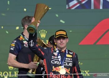 Pembalap Red Bull Racing Max Verstappen merayakan keberhasilannya memenangi Grand Prix Sao Paulo, di Sirkuit Interlagos, Sao Paulo, Brazil, Minggu (5/11/2023). ANTARA/AFP/NELSON ALMEIDA.