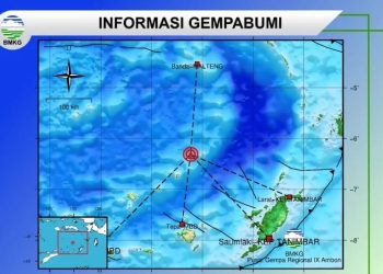 Badan Meteorologi Klimatologi, dan Geofisika (BMKG) menyampaikan gempa bumi berkekuatan magnitudo 7,2 mengguncang Tepa Maluku Barat Daya (MBD) Provinsi Maluku pukul 13.52 WIT, Rabu (8/11). ANTARA/ Ho- BMKG.