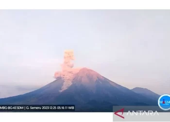 Gunung Semeru erupsi terpantau dari Pos Pengamatan Gunung Semeru di Gunung Sawur, Desa Sumberwuluh, Kabupaten Lumajang, Senin (25/12/2023), ANTARA/HO-PVMBG/pri,