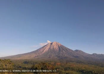 Aktivitas Gunung Semeru yang terpantau dari Pos Pengamatan Gunung Semeru di Lumajang pada Sabtu (13/7/2024) pagi. ANTARA/HO-PVMBG