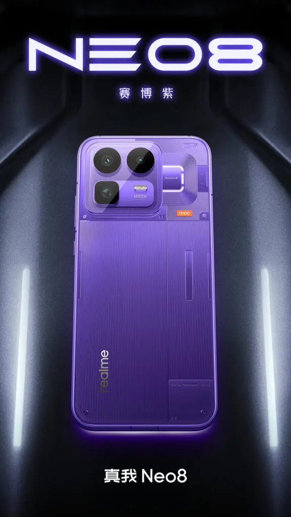 Tampilan Realme Neo 8 Terungkap, Hadir dengan Warna Cyber Purple, RGB Lighting, dan Kamera Periskop