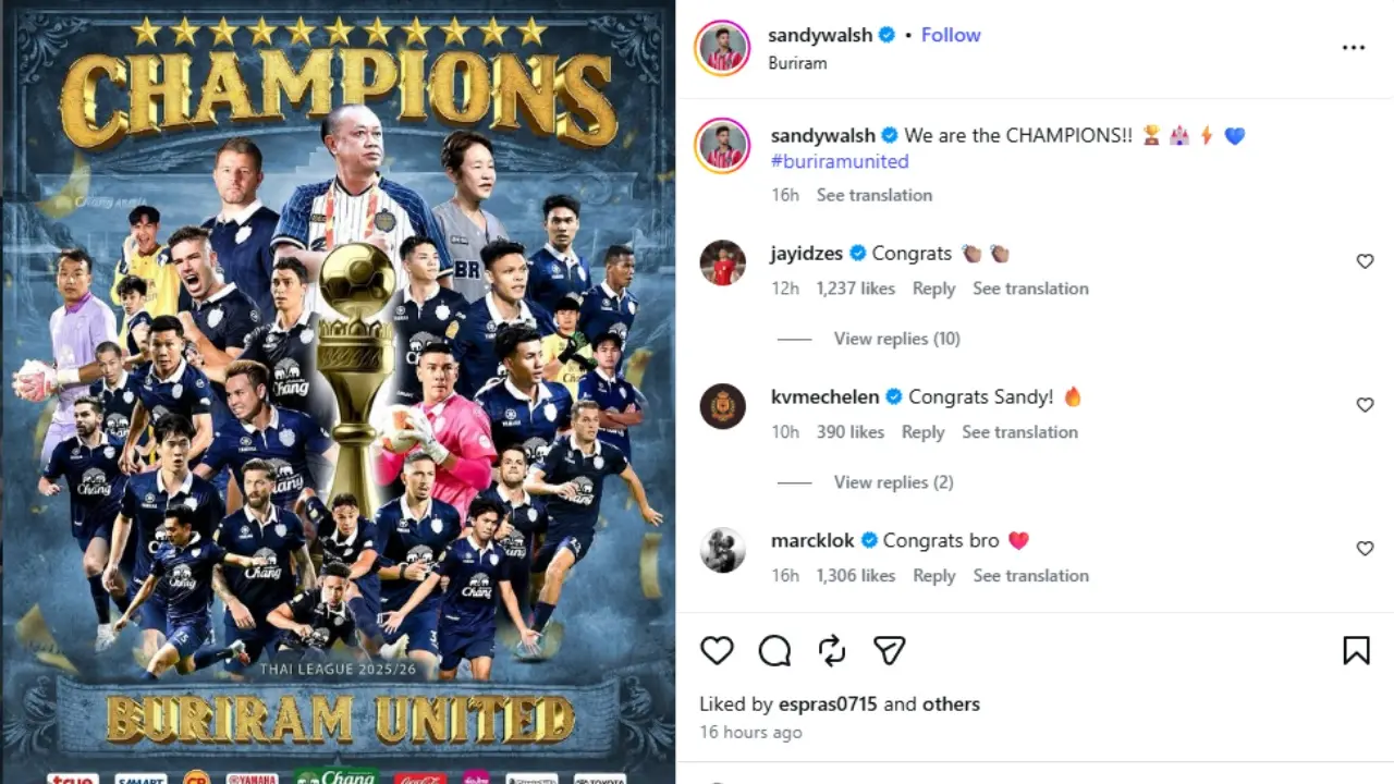 Pemain Timnas Indonesia Kompak Ucapkan Selamat atas Gelar Liga Thailand Sandy Walsh