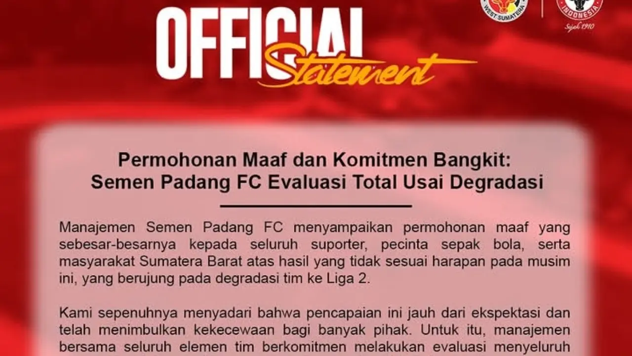 Semen Padang FC Minta Maaf dan Evaluasi Total Usai Degradasi ke Liga 2