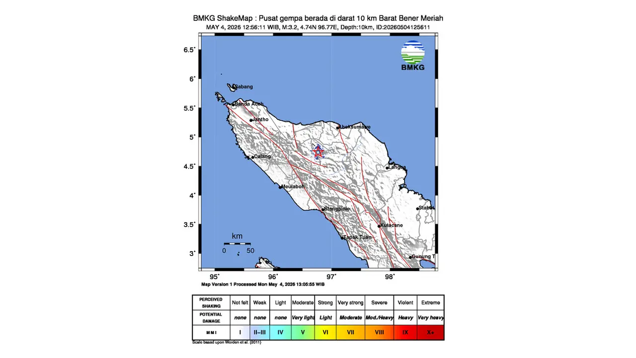 Gempa M 3,2 Guncang Bener Meriah, Aceh