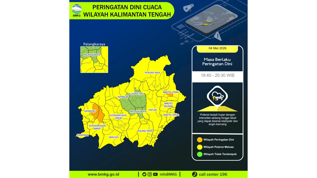 Prakiraan Cuaca Kalteng, 4 Mei 2026: Sejumlah Wilayah Berpotensi Hujan Sedang Hingga Lebat Disertai Petir dan Angin Kencang