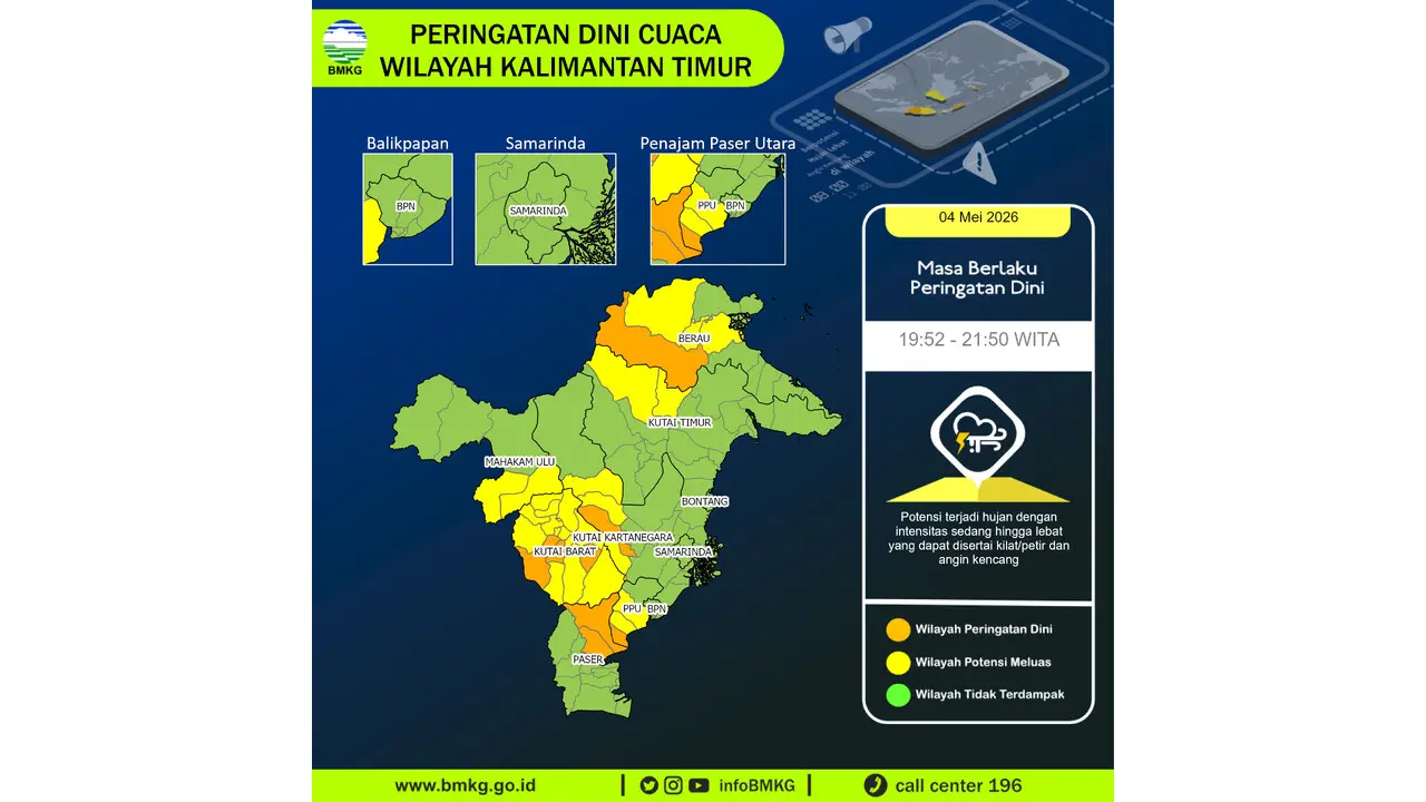 Prakiraan Cuaca Kaltim, 4 Mei 2026: Sejumlah Wilayah Berpotensi Hujan Sedang Hingga Lebat Disertai Kilat/petir dan Angin Kencang
