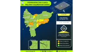 Prakiraan Cuaca Kalimantan Barat, 4 Mei 2026: Sejumlah Wilayah Berpotensi Hujan Sedang Hingga Lebat Disertai Kilat/petir dan Angin Kencang