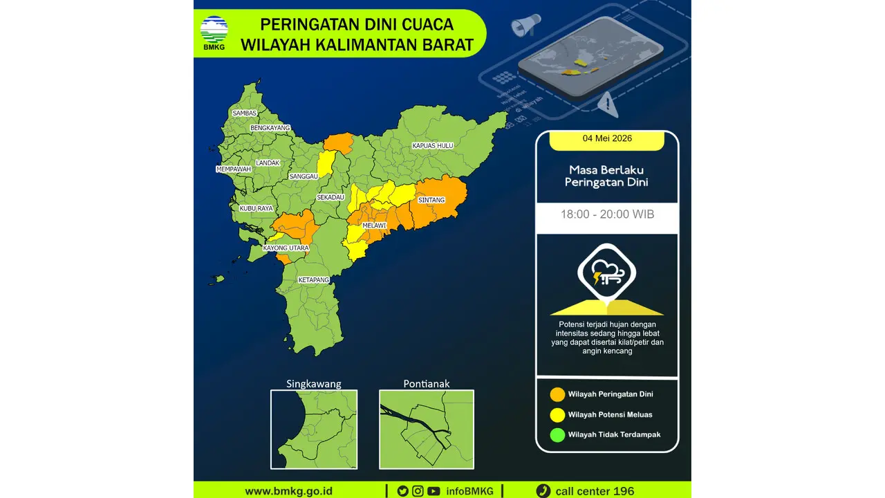 Prakiraan Cuaca Kalimantan Barat, 5 Mei 2026: Sejumlah Wilayah Berpotensi Hujan Sedang Hingga Lebat Disertai Kilat/petir dan Angin Kencang