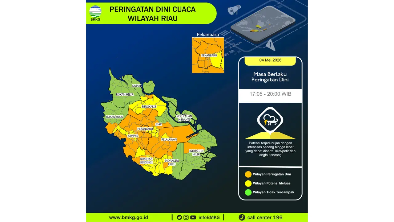 Prakiraan Cuaca Riau, 5 Mei 2026: Sejumlah Wilayah Berpotensi Hujan Sedang Hingga Lebat Disertai Petir dan Angin Kencang