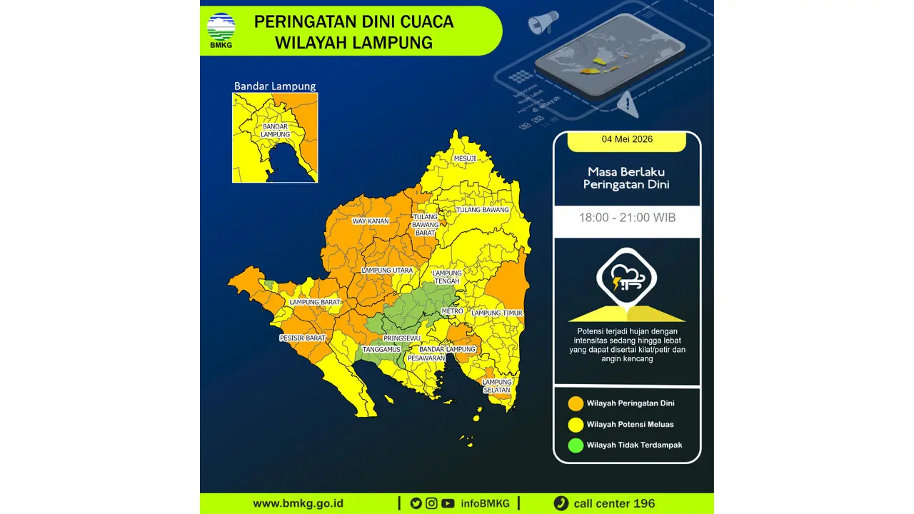 Prakiraan Cuaca Lampung, 5 Mei 2026: Sejumlah Wilayah Berpotensi Hujan Sedang Hingga Lebat Disertai Petir dan Angin Kencang