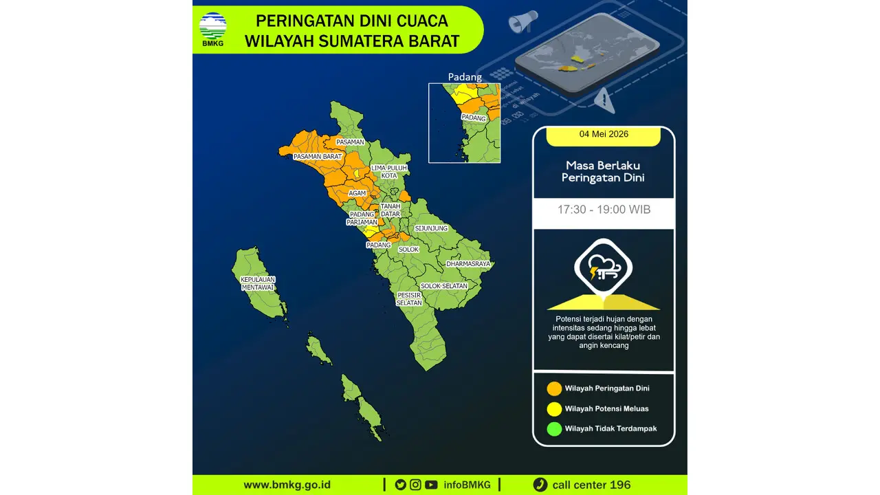 Prakiraan Cuaca Sumatera Barat, 5 Mei 2026: Sejumlah Wilayah Berpotensi Hujan Sedang Hingga Lebat Disertai Kilat/petir dan Angin Kencang
