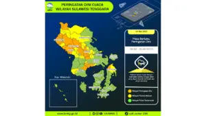 Prakiraan Cuaca Sulawesi Tenggara, 4 Mei 2026: Sejumlah Wilayah Berpotensi Hujan Sedang Hingga Lebat Disertai Kilat/petir dan Angin Kencang