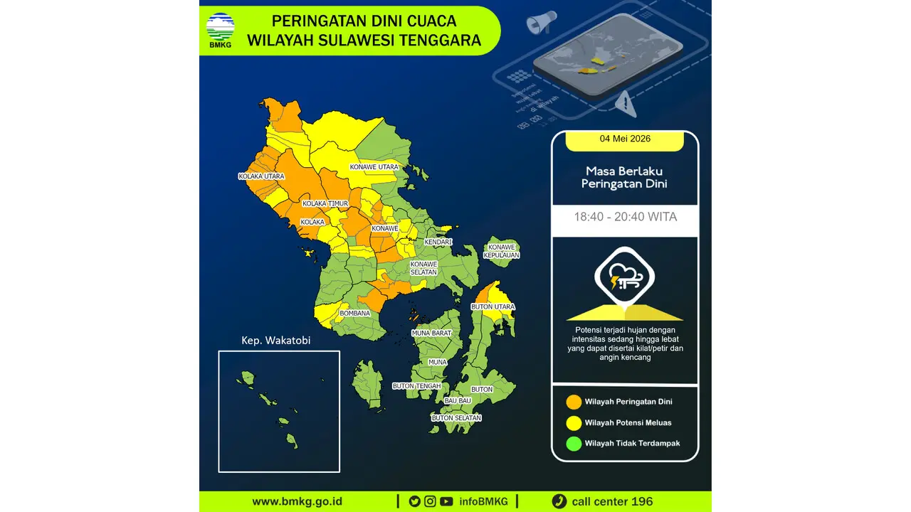 Prakiraan Cuaca Sulawesi Tenggara, 5 Mei 2026: Sejumlah Wilayah Berpotensi Hujan Sedang Hingga Lebat Disertai Kilat/petir dan Angin Kencang