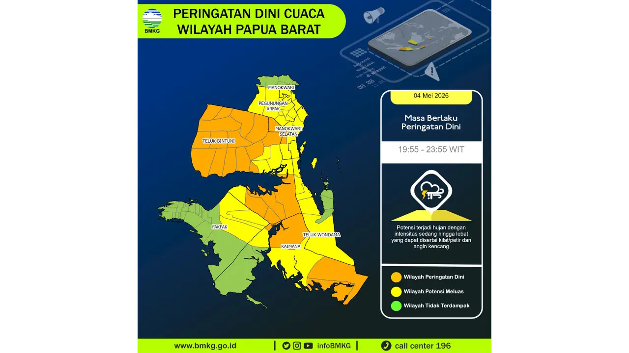 Prakiraan Cuaca Papua Barat, 5 Mei 2026: Sejumlah Wilayah Berpotensi Hujan Sedang Hingga Lebat Disertai Kilat/petir dan Angin Kencang