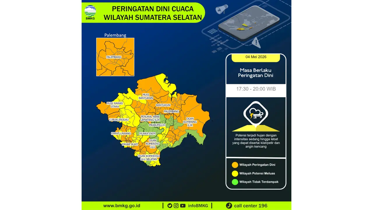 Prakiraan Cuaca Sumatera Selatan, 5 Mei 2026: Sejumlah Wilayah Berpotensi Hujan Sedang Hingga Lebat Disertai Petir dan Angin Kencang
