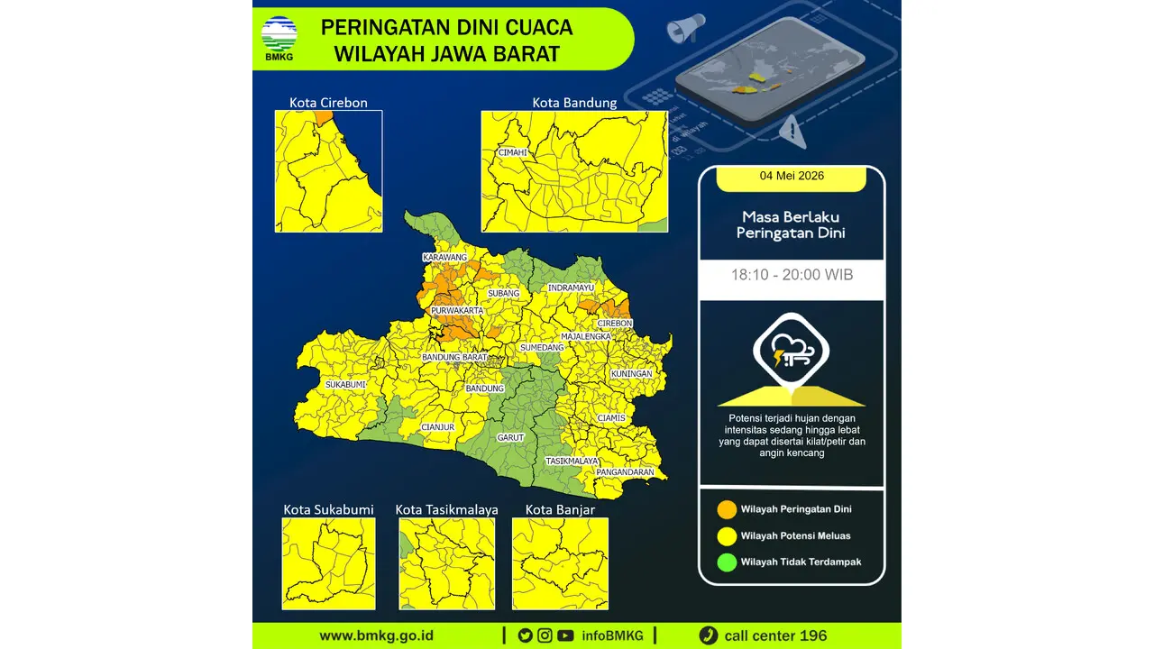 Prakiraan Cuaca Jabar, 5 Mei 2026: Sejumlah Wilayah Berpotensi Hujan Sedang Hingga Lebat Disertai Petir dan Angin Kencang