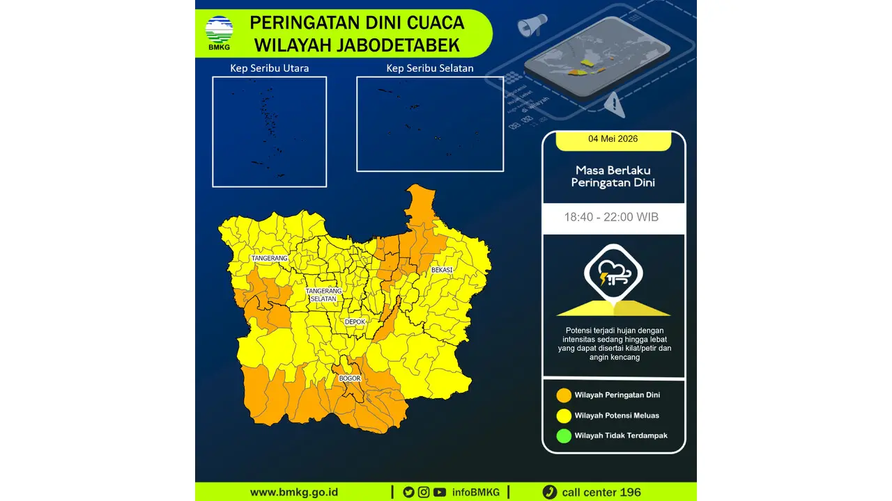 Prakiraan Cuaca Jabodetabek, 4 Mei 2026: Sejumlah Wilayah Berpotensi Hujan Sedang Hingga Lebat Disertai Petir dan Angin Kencang