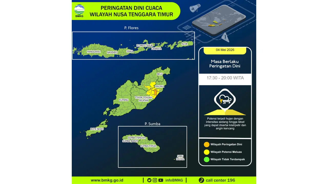 Prakiraan Cuaca Nusa Tenggara Timur, 5 Mei 2026: Sejumlah Wilayah Berpotensi Hujan Sedang Hingga Lebat Disertai Petir dan Angin Kencang