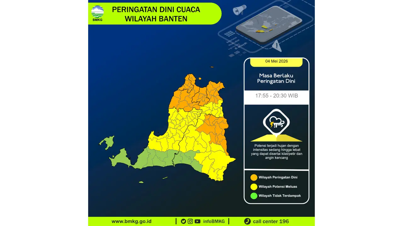 Prakiraan Cuaca Banten, 5 Mei 2026: Sejumlah Wilayah Berpotensi Hujan Sedang Hingga Lebat Disertai Petir dan Angin Kencang