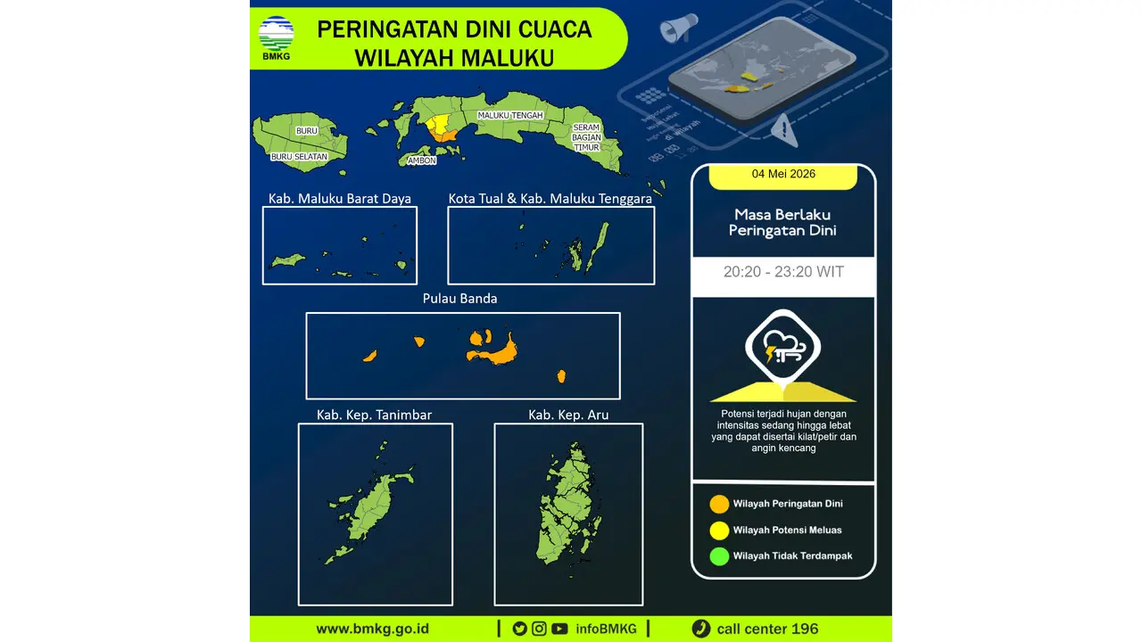 Prakiraan Cuaca Maluku, 5 Mei 2026: Sejumlah Wilayah Berpotensi Hujan Sedang Hingga Lebat Disertai Petir dan Angin Kencang