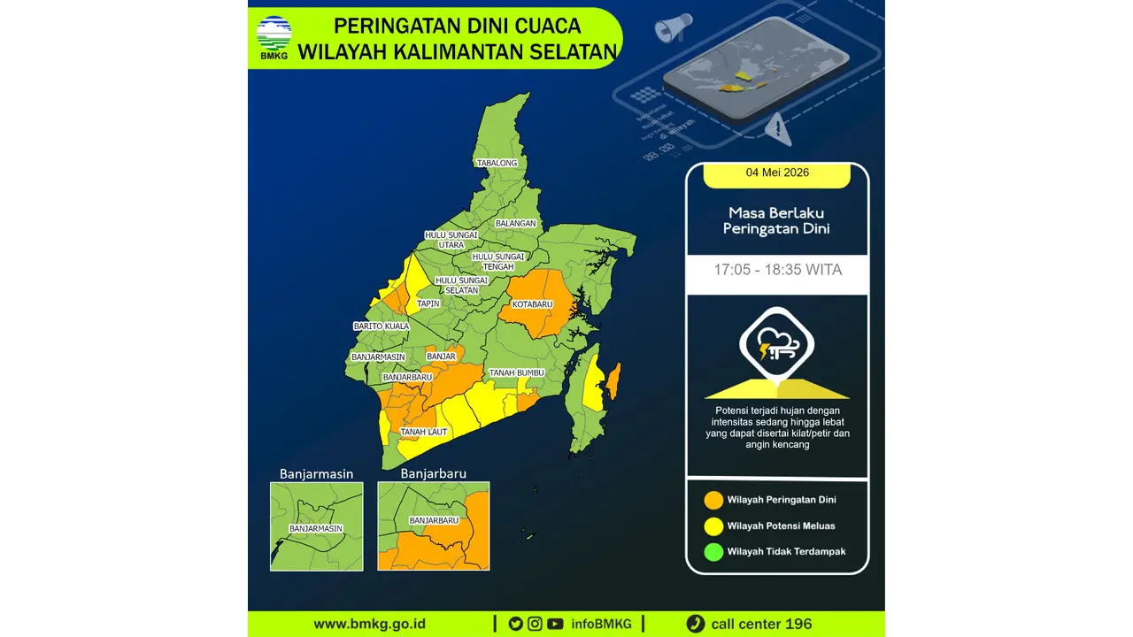 Prakiraan Cuaca Kalimantan Selatan, 5 Mei 2026: Sejumlah Wilayah Berpotensi Hujan Sedang Hingga Lebat Disertai Kilat/petir dan Angin Kencang