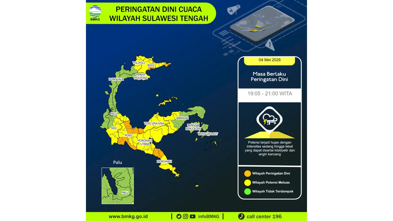 Prakiraan Cuaca Sulteng, 5 Mei 2026: Sejumlah Wilayah Berpotensi Hujan Sedang Hingga Lebat Disertai Petir dan Angin Kencang