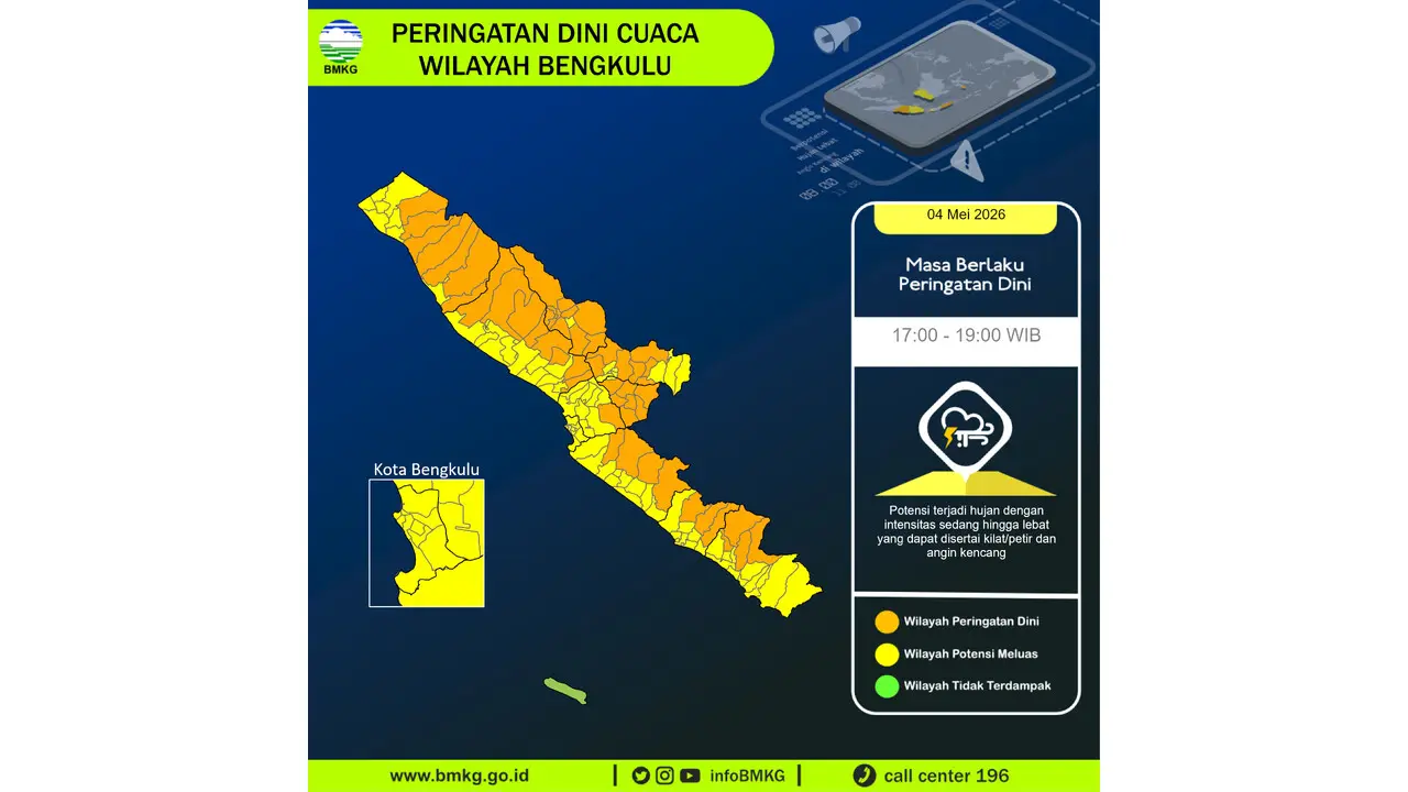 Prakiraan Cuaca Bengkulu, 5 Mei 2026: Sejumlah Wilayah Berpotensi Hujan Sedang Hingga Lebat Disertai Kilat/petir dan Angin Kencang
