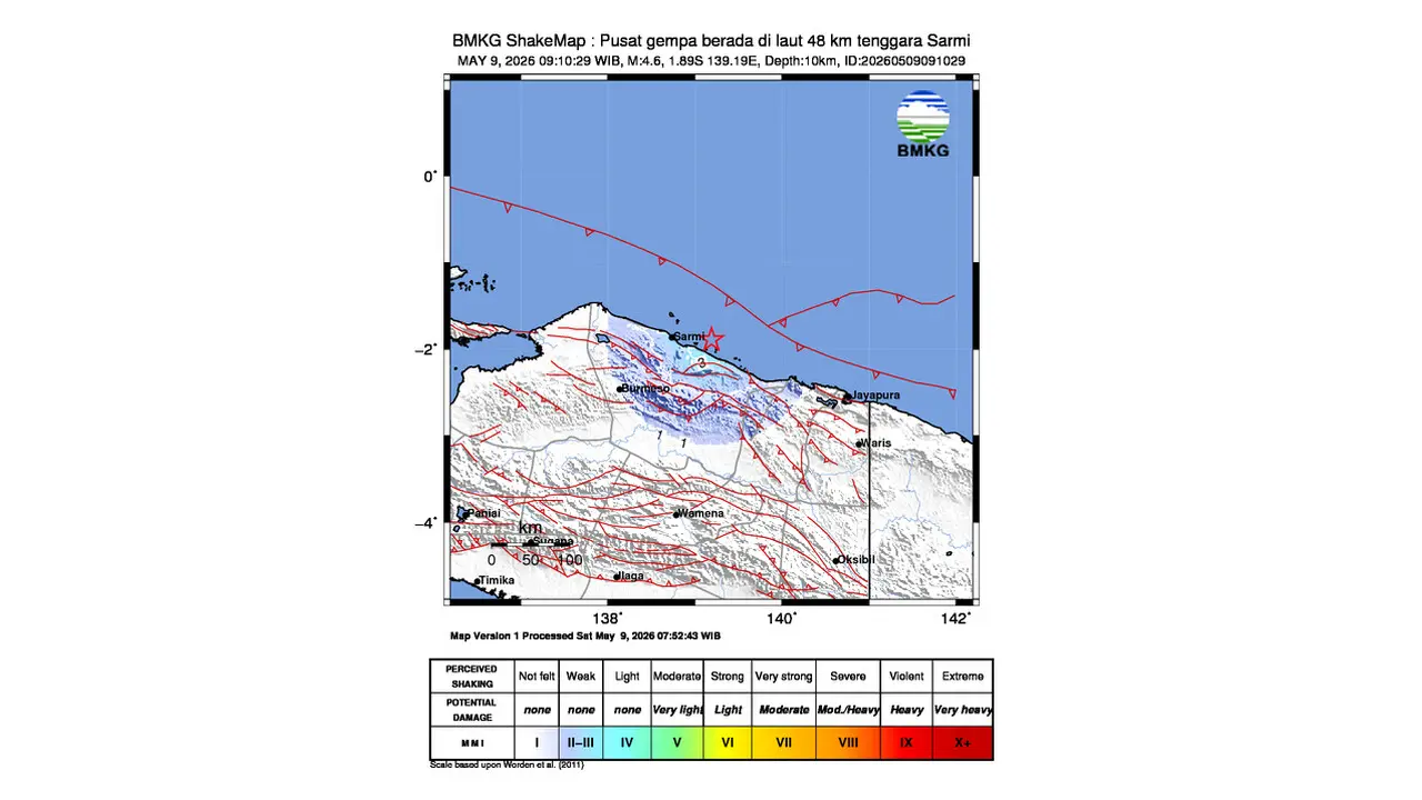 Gempa M 4,6 Guncang Tenggara Sarmi, Papua