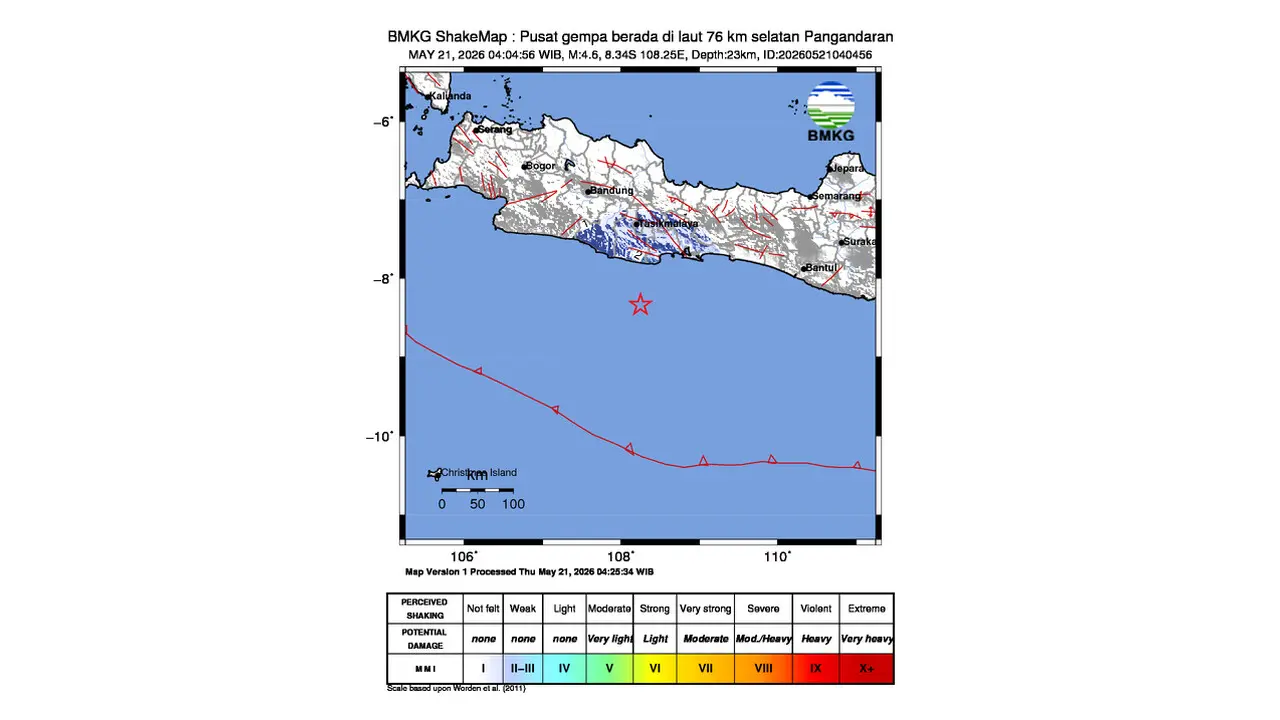 Gempa M 4,6 Guncang Selatan Pangandaran, Jawa Barat