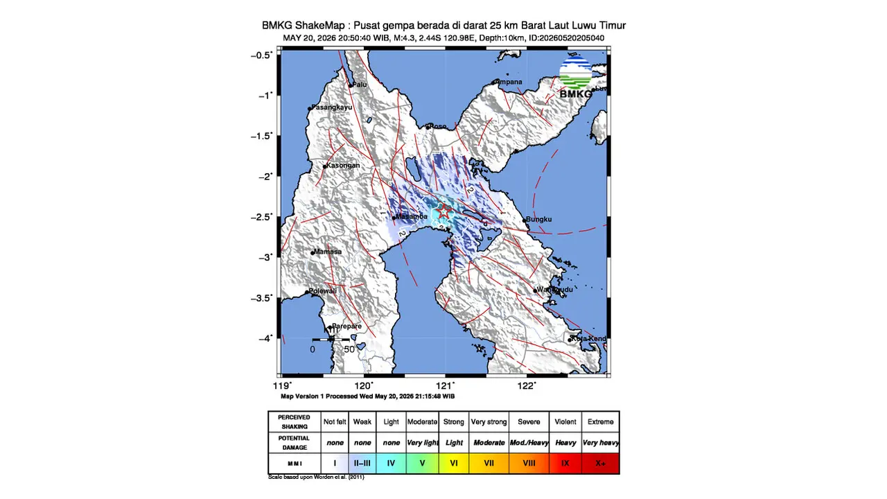 Gempa M 4,3 Guncang Barat Laut Luwu Timur, Sulawesi Selatan