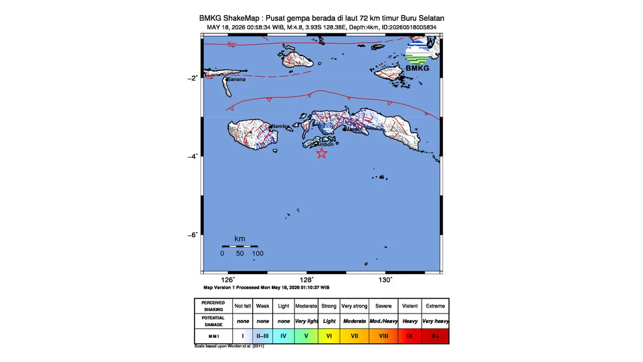 Gempa M 4,8 Guncang Timur Buru Selatan, Maluku
