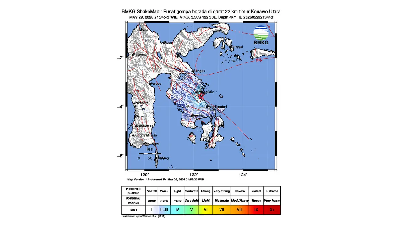 Gempa M 4,6 Guncang Timur Konawe Utara, Sulawesi Tenggara