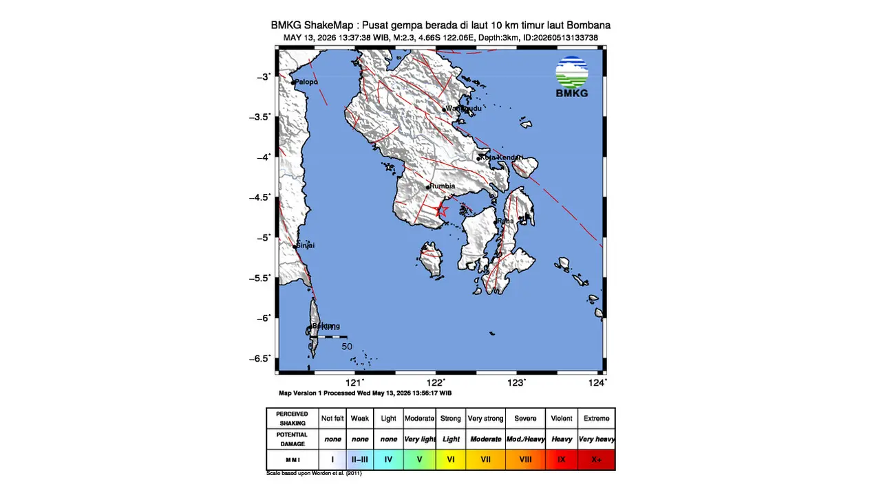 Gempa M 2,3 Guncang Timur Laut Bombana, Sulawesi Tenggara