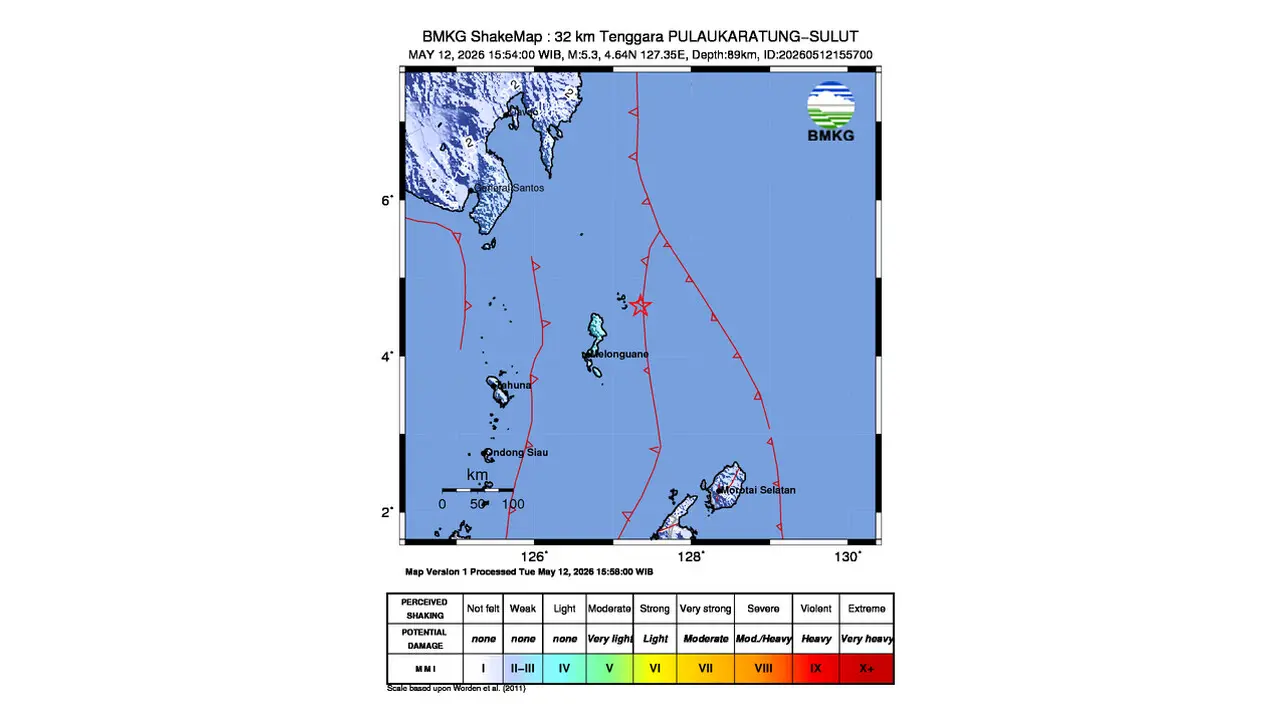 Gempa M 5,3 Guncang Tenggara Pulau Karatung, Sulawesi Utara