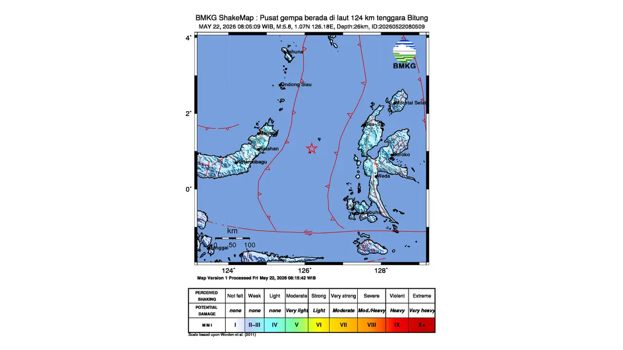 Gempa M 5,8 Guncang Tenggara Bitung, Sulawesi Utara