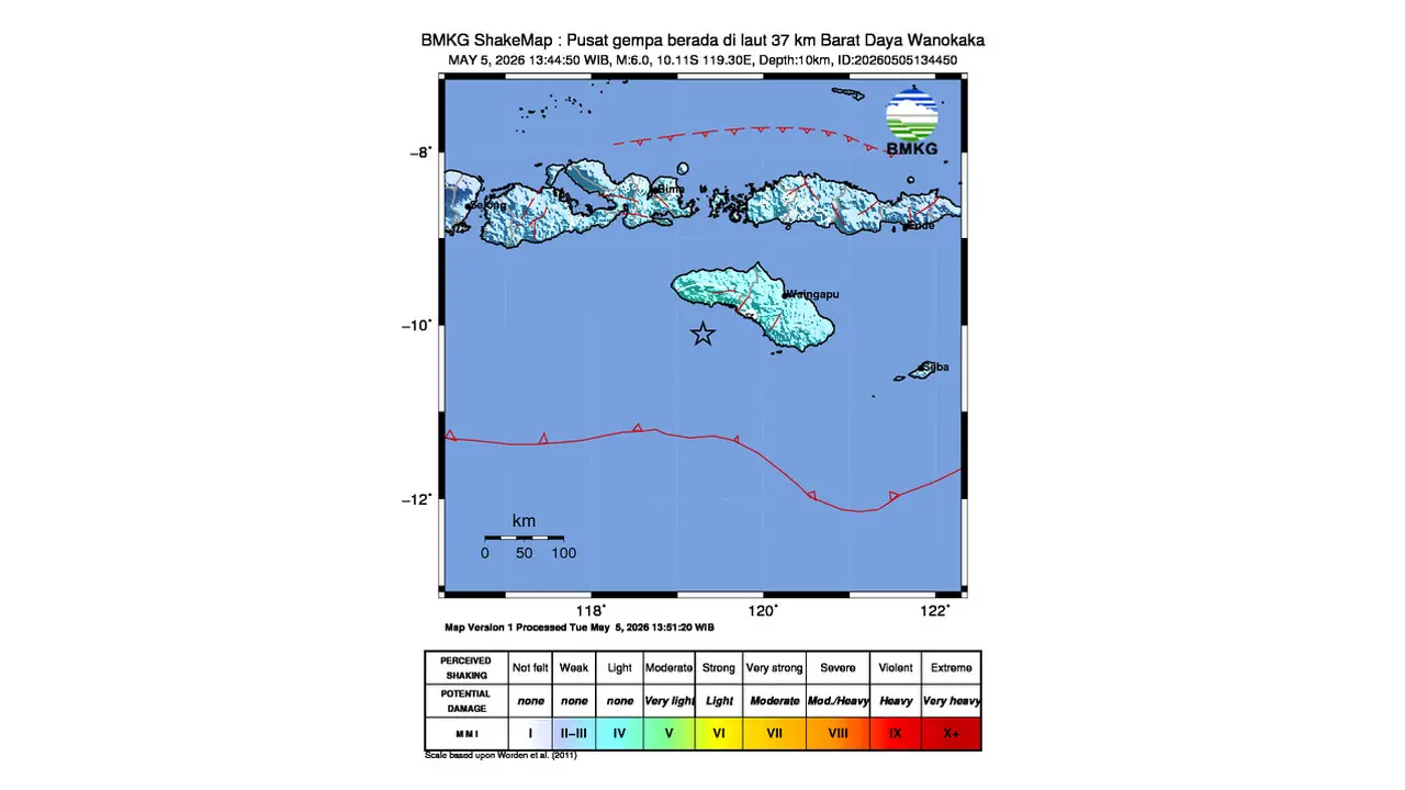 Gempa M 6,0 Guncang Barat Daya Wanokaka, Nusa Tenggara Timur