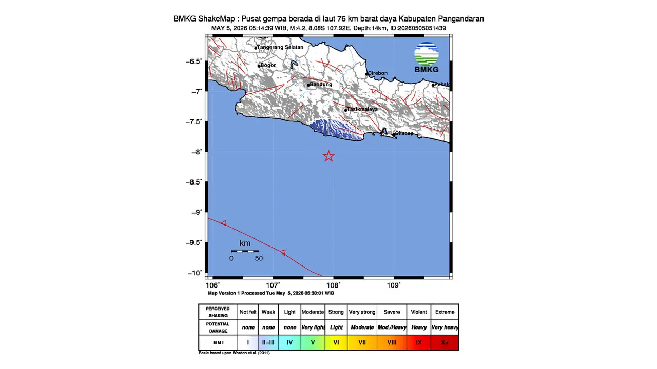 Gempa M 4,2 Guncang Barat Daya Pangandaran, Jawa Barat