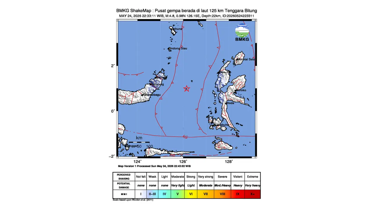 Gempa M 4,8 Guncang Tenggara Bitung, Sulawesi Utara