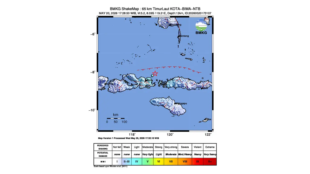 Gempa M 5,2 Guncang Timur Laut Bima, Nusa Tenggara Barat